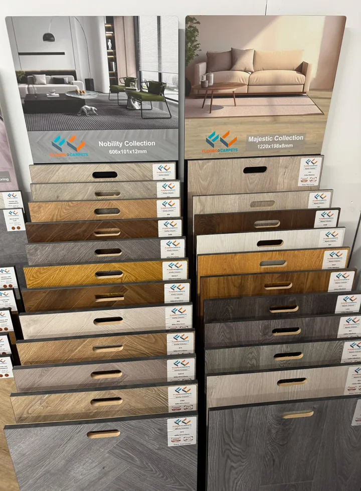 Wood-effect flooring samples in the Norden showroom